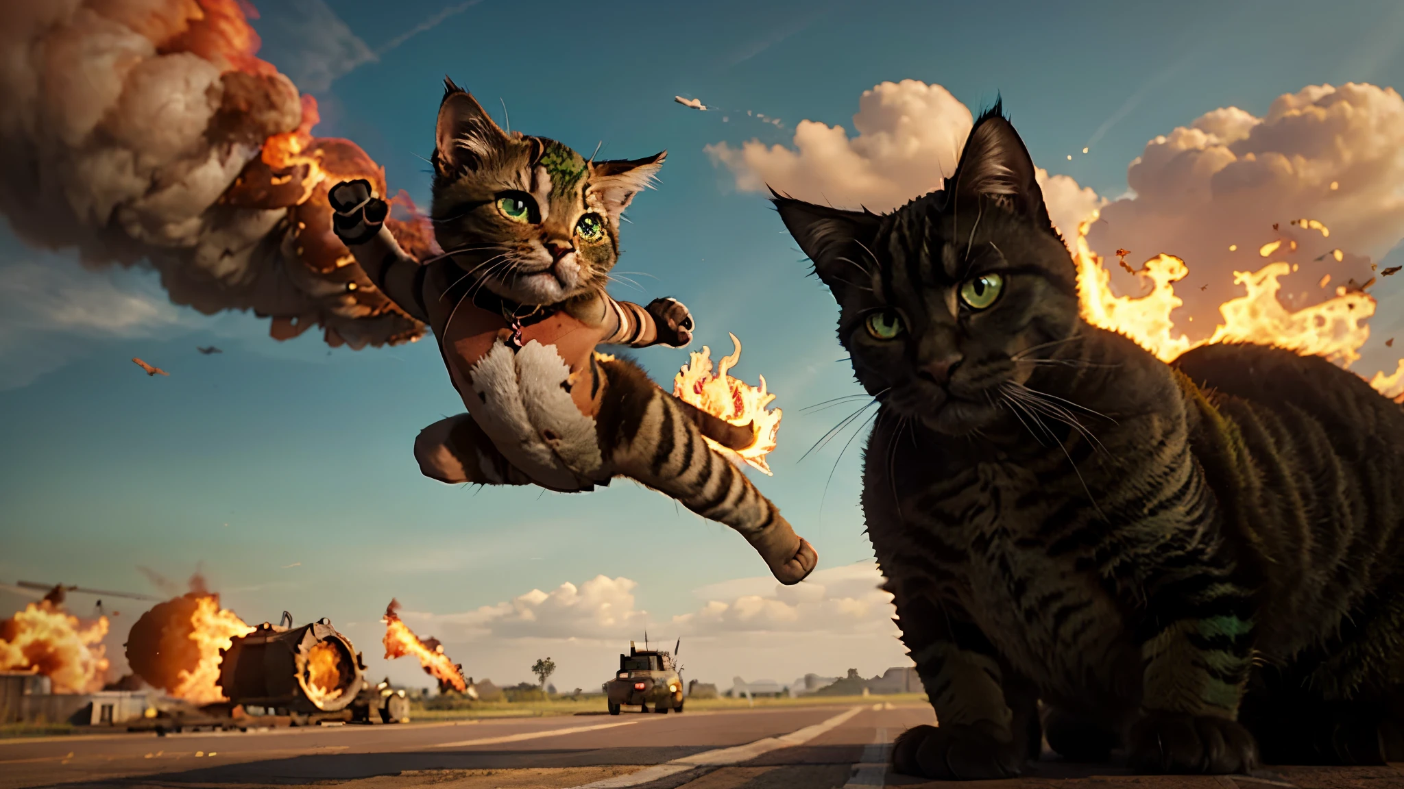 A muscular, green cat leaps through the air, rescuing a tiny, cowboy hat-wearing kitten from a fiery plane crash. The image has a humorous and epic quality, as if a superhero cat is saving the day.