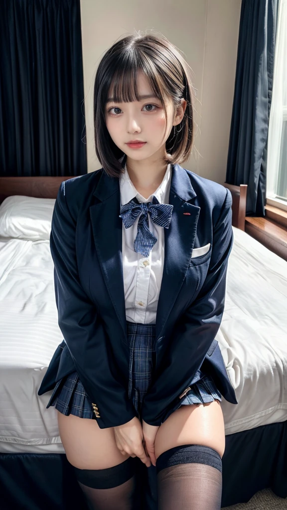 (8K, Raw photography, top-quality, masterpiece:1.2), master piece, best quality, illustration, Super detailed, fine details, High resolution, 8K,wall paper, perfect dynamic composition,(Details High quality, realistic depiction of eyes:1.3), The background is a luxury hotel room、High school girl uniform、blazer 、Super Short Check Uniform Skirt、Navy blue high socks、garterbelts、Colossal tits、Disturbed uniform, short bob hair, black hair color, huge breasts, Big Natural Color Lip, bold sexy pose, (perfect body shape), crying a little、 Beautiful makeup,glitter makeup,Cutest 18 years old, beautiful legs, hposing Gravure Idol, Voluptuous thighs