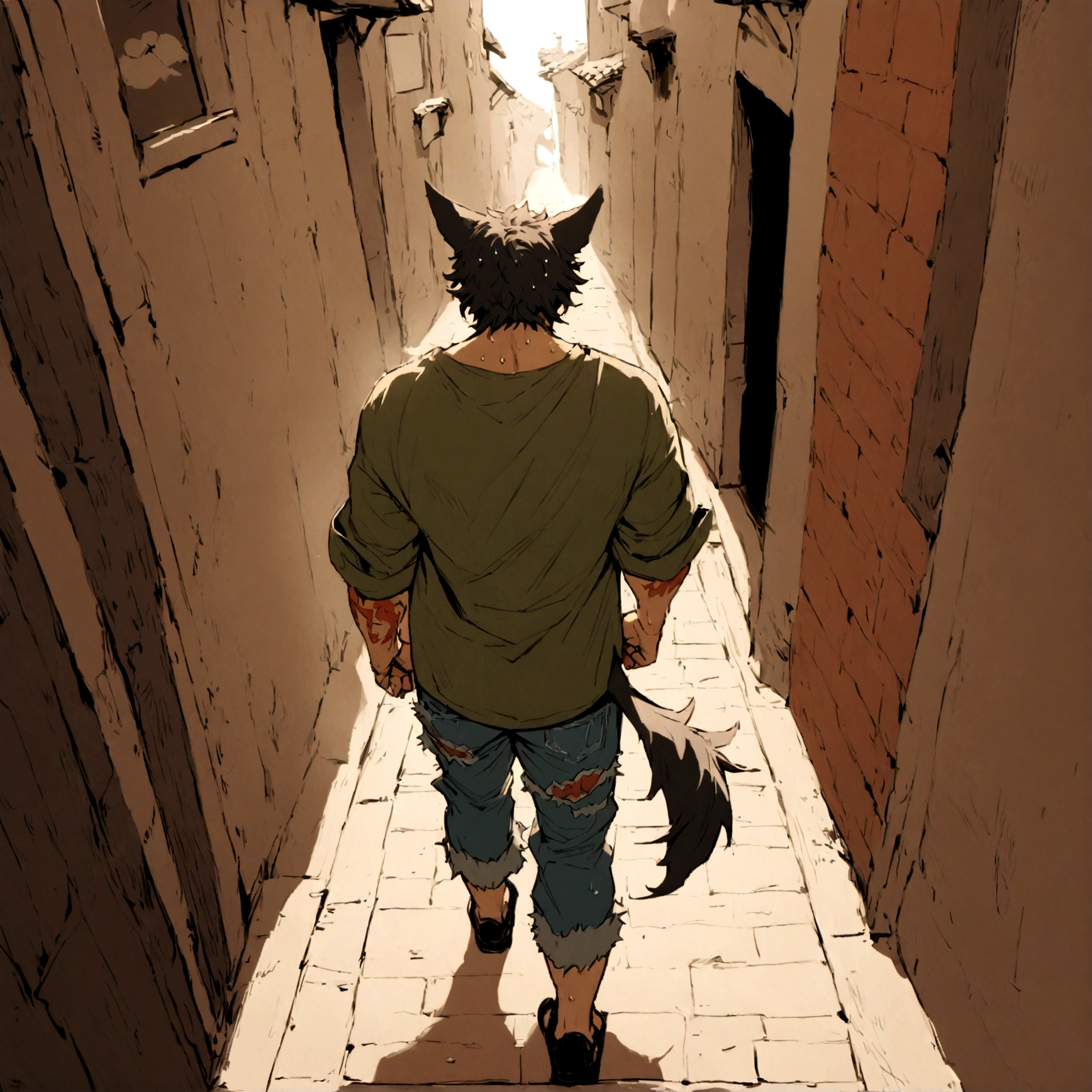 jason mamoa, wearing tattered denim jeans, has long white hair, has wolf ears, has a wolf tail, covered in sweat, has some wolf tattoos, walking down alleyway, cute looking, perfect, handsome, masterpiece,