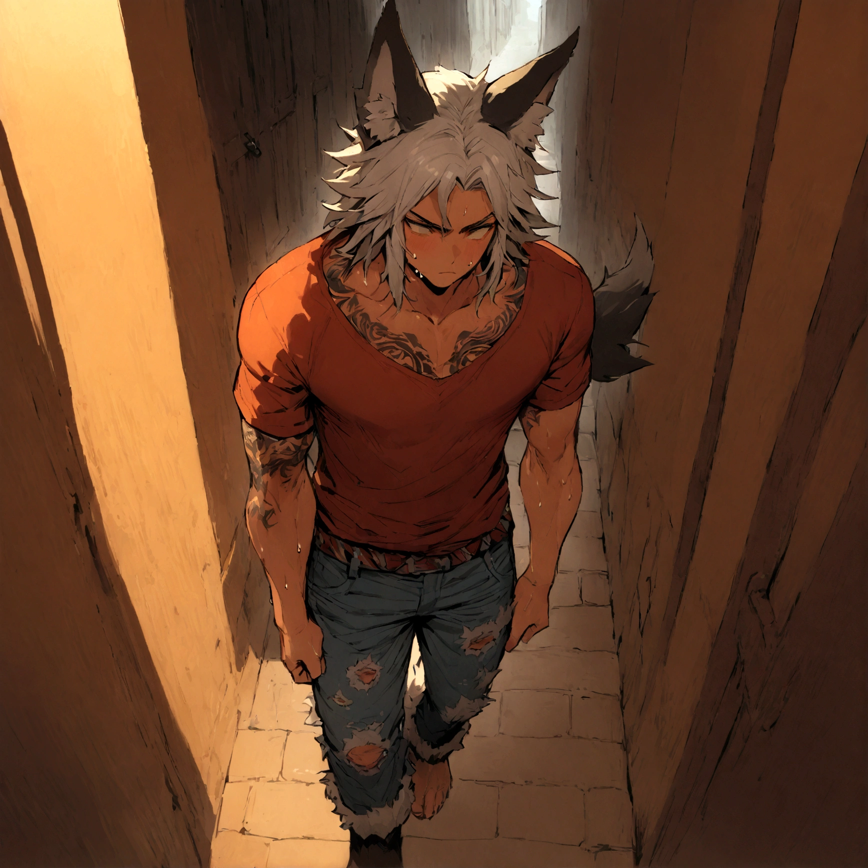 jason mamoa, wearing tattered denim jeans, has long white hair, has wolf ears, has a wolf tail, covered in sweat, has some wolf tattoos, walking down alleyway, cute looking, perfect, handsome, masterpiece,