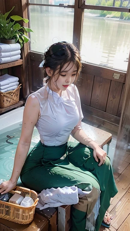 no upper floor; A beautiful Burmese woman in a long skirt takes a relaxing bath by the river. I took a shower and my whole body was wet. No top, but my breasts were covered with a long skirt