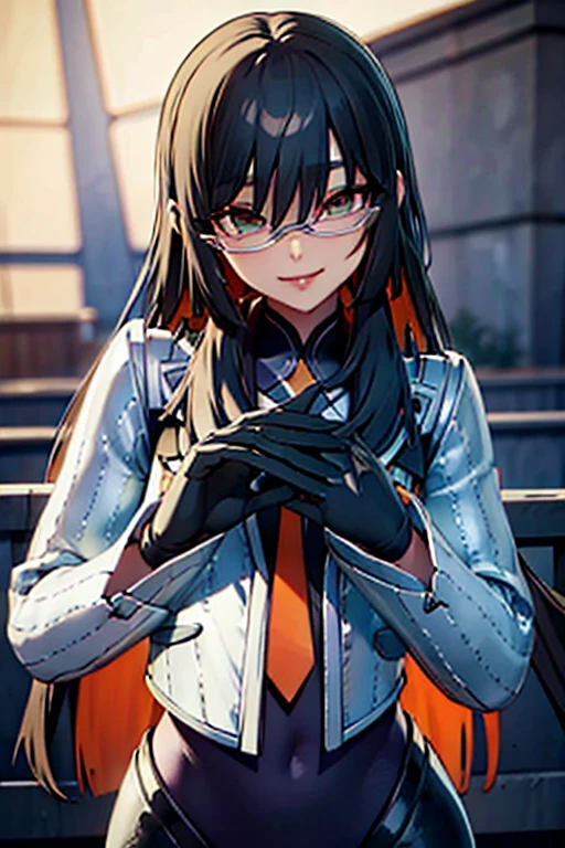 countess Daraku, long hair, glasses, gloves, pants, smile,  
BREAK looking at viewer,
BREAK outdoors,
BREAK (masterpiece:1.2), best quality, high resolution, unity 8k wallpaper, (illustration:0.8), (beautiful detailed eyes:1.6), extremely detailed face, perfect lighting, extremely detailed CG, (perfect hands, perfect anatomy)