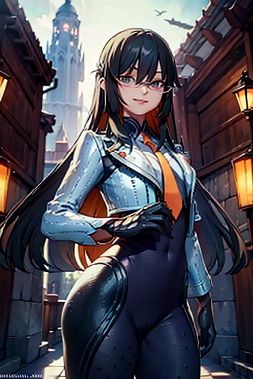 countess Daraku, long hair, glasses, gloves, pants, smile,  
BREAK looking at viewer,
BREAK outdoors,
BREAK (masterpiece:1.2), best quality, high resolution, unity 8k wallpaper, (illustration:0.8), (beautiful detailed eyes:1.6), extremely detailed face, perfect lighting, extremely detailed CG, (perfect hands, perfect anatomy)