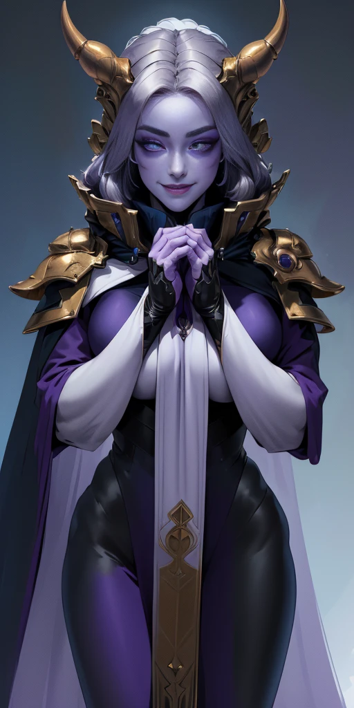 (Female hands on hips)(chest covered)(smile) purple skin, pale golden hair and violet eyes. They prefer clothing of white and silver with cloaks of deep blue or purple ((very precise detailed)) ((high res) plain background