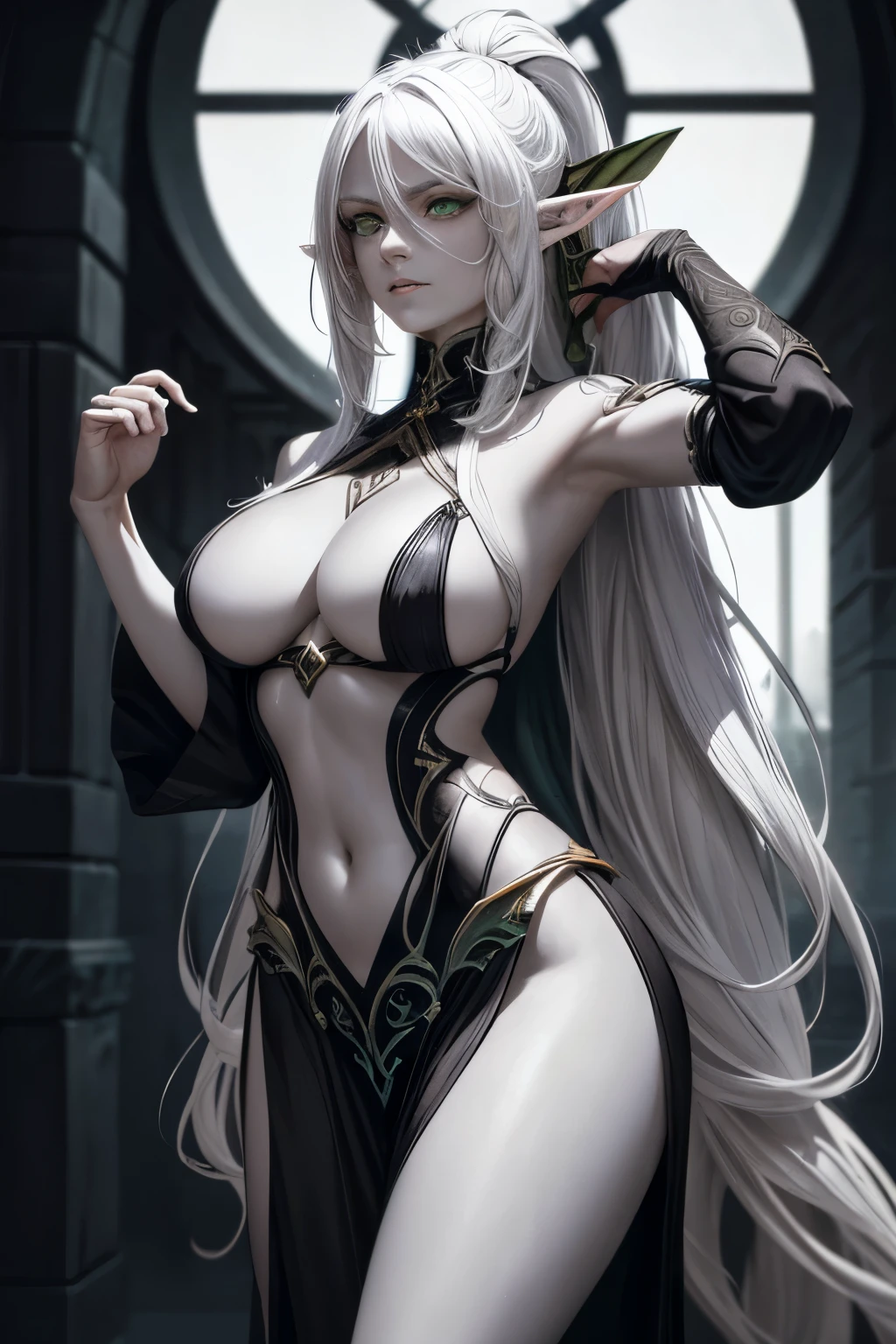 A fullbody image of a sexy elf showcasing pointy ears, a long ponytail of white hair cascading down her back, and green eyes that gleam with an intense seriousness. The art style resembles LoRa's Drow Concept, known for its ultra high-detail and LoRa-specific aesthetics. This masterpiece, created by an unnamed artist, showcases an exquisite level of detail, from the elf's gray skin to the dark accents of her outfit. Additionally, the artwork displays a level of realism achieved through physically-based rendering and extreme detail description. The elf is depicted in a NSFW setting, solidly in the frame, with