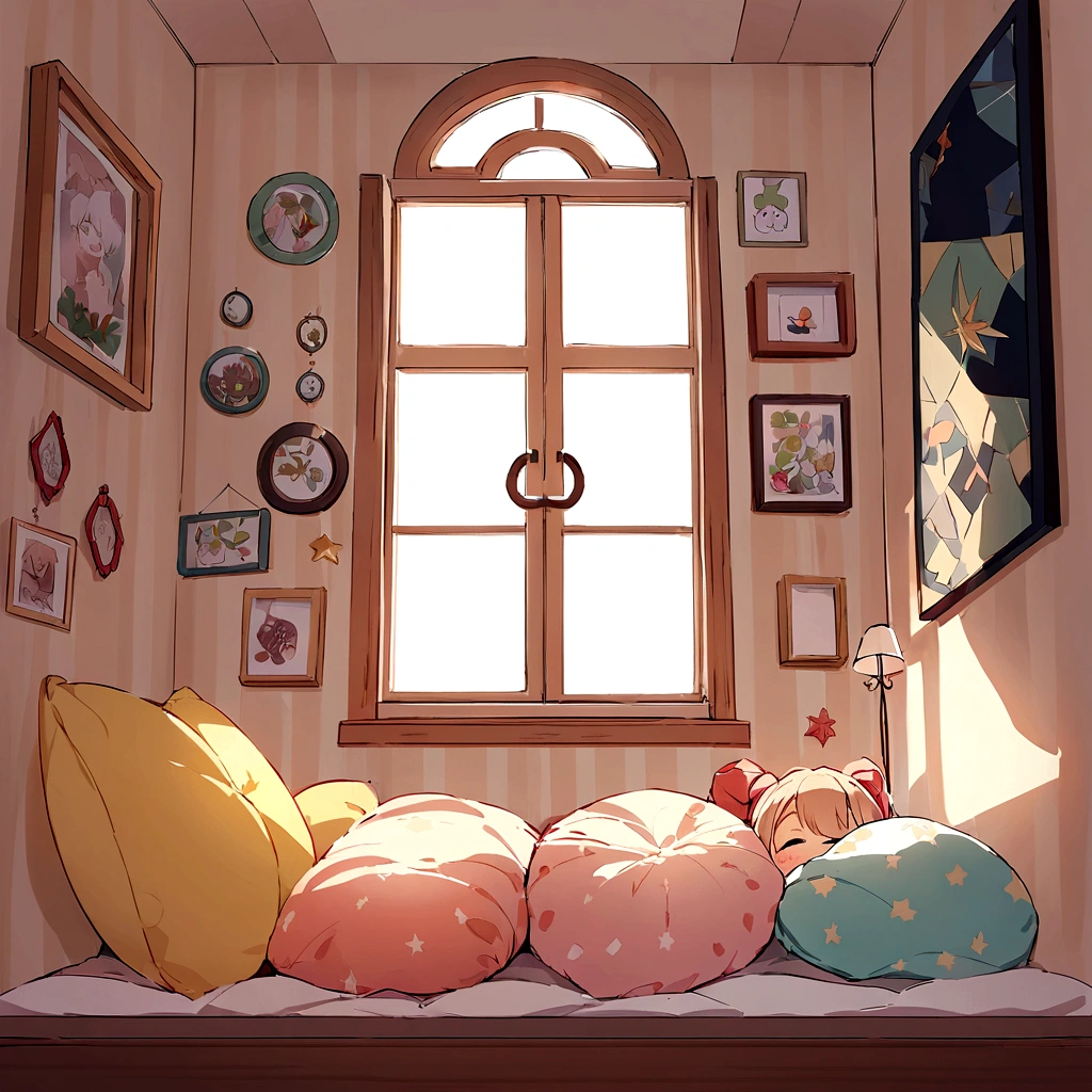 The hanger is placed on a soft cushion next to the window sill in the children's room,Soft colors,Children's star and moon ornaments hanging on the wall,Tyndall light through the window,Warm and lovely children's room,A few rays of sunshine on the windowsill,Side-to-side top-down view