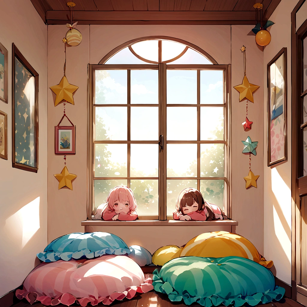 The hanger is placed on a soft cushion next to the window sill in the children's room,Soft colors,Children's star and moon ornaments hanging on the wall,Tyndall light through the window,Warm and lovely children's room,A few rays of sunshine on the windowsill,Side-to-side top-down view