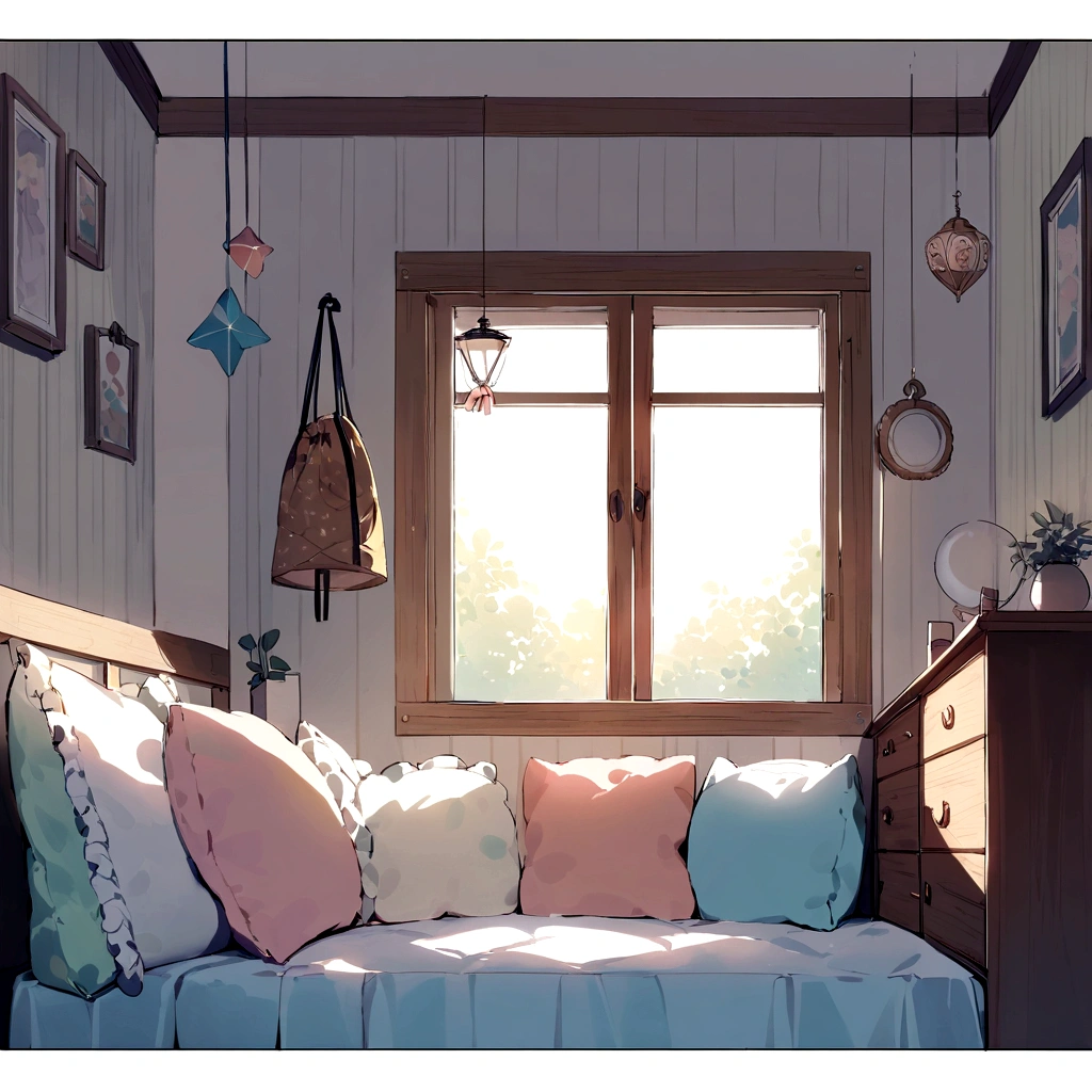 The hanger is placed on a soft cushion next to the window sill in the children's room,Soft colors,Children's star and moon ornaments hanging on the wall,Tyndall light through the window,Warm and lovely children's room,A few rays of sunshine on the windowsill,Side-to-side top-down view