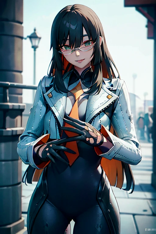 countess Daraku, long hair, glasses, gloves, pants, smile, trench coats 
BREAK looking at viewer,
BREAK outdoors,
BREAK (masterpiece:1.2), best quality, high resolution, unity 8k wallpaper, (illustration:0.8), (beautiful detailed eyes:1.6), extremely detailed face, perfect lighting, extremely detailed CG, (perfect hands, perfect ???????)