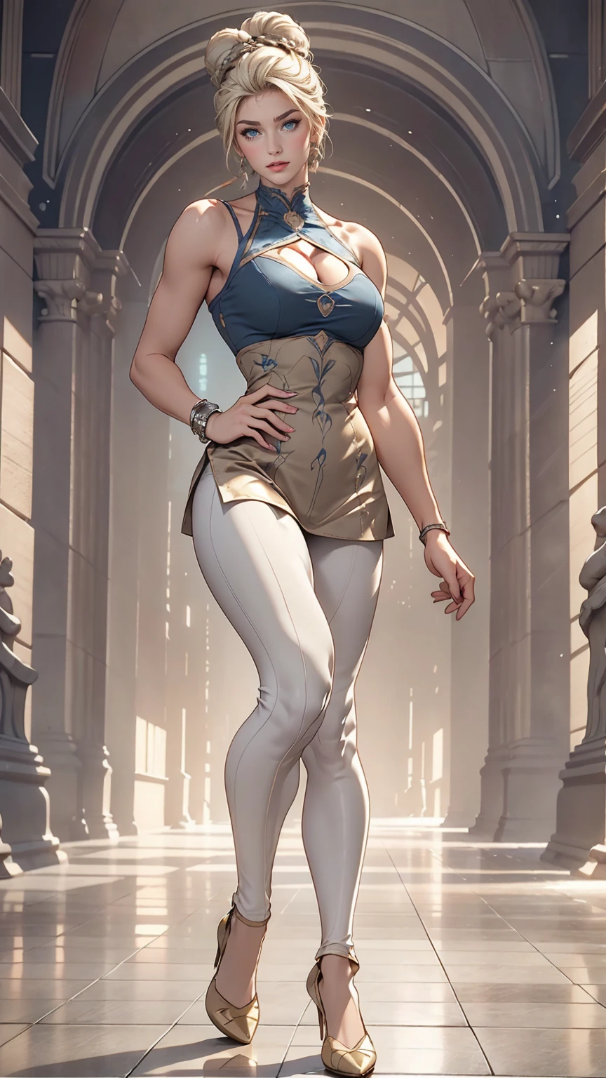 26 year old Caucasian female、Platinum Blonde、Three-ply chignon((triple bun))、blue eyes、Sexy proportions、Narrow waist、Long legs、7 heads、Beautiful fingertips、Front cutout((front cutout))Wear tops、Wear leggings、Wear stiletto heels、Top view、Old concrete wall background、smile、Arms crossed