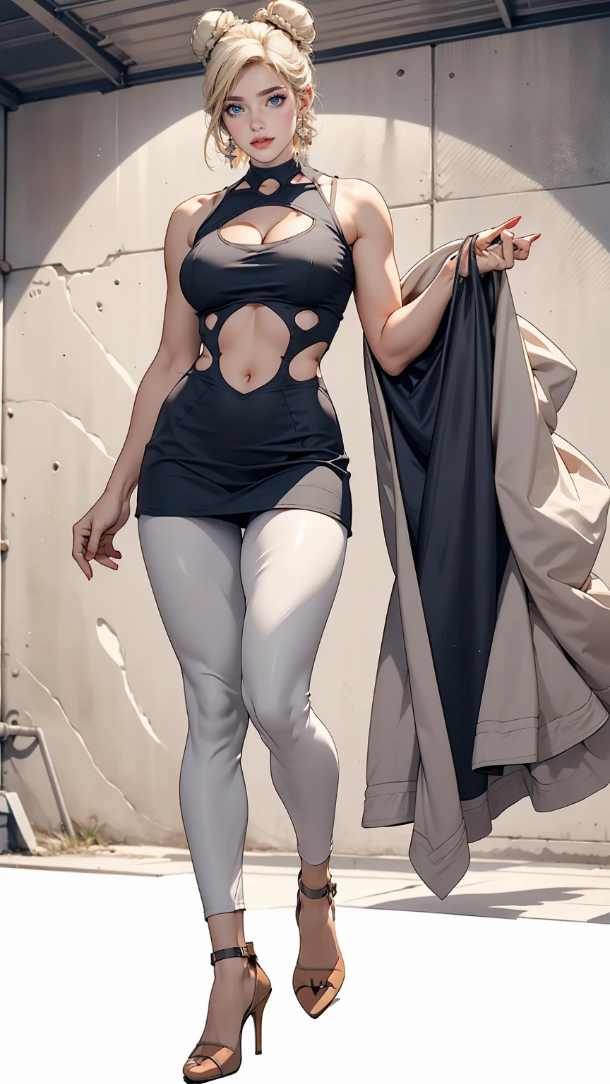 26 year old Caucasian female、Platinum Blonde、Three-ply chignon((triple bun))、blue eyes、Sexy proportions、Narrow waist、Long legs、7 heads、Beautiful fingertips、Front cutout((front cutout))Wear tops、Wear leggings、Wear stiletto heels、Top view、Old concrete wall background、smile、Arms crossed