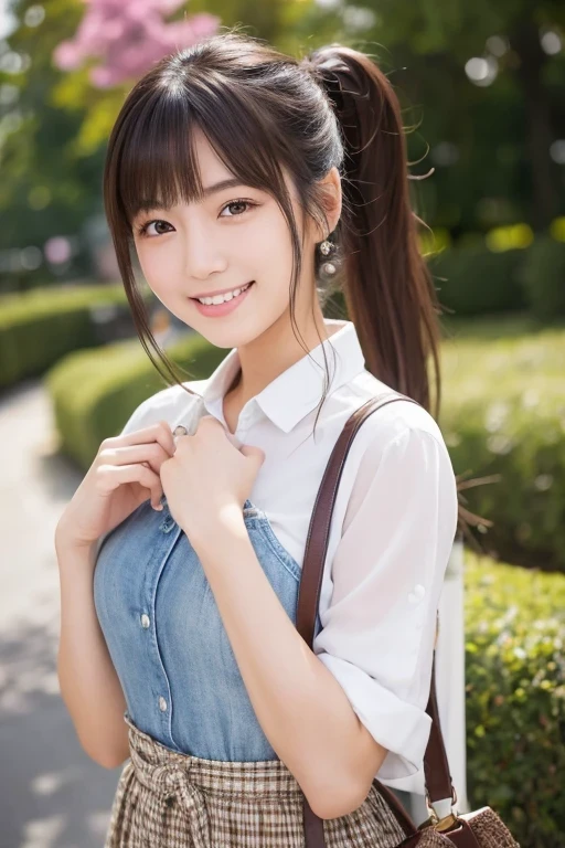 Produce the highest quality and highest resolution 8K images。The model is a 20-year-old Japanese woman.。The image depicts her posing and smiling for the camera.。She has brown eyes and a model figure.、She has an idol-level cute face.。The hair is in a ponytail。Skin has a healthy color。Clothes、I'm wearing early summer clothes。The background depicts a scene of people taking commemorative photos at a tourist spot.。