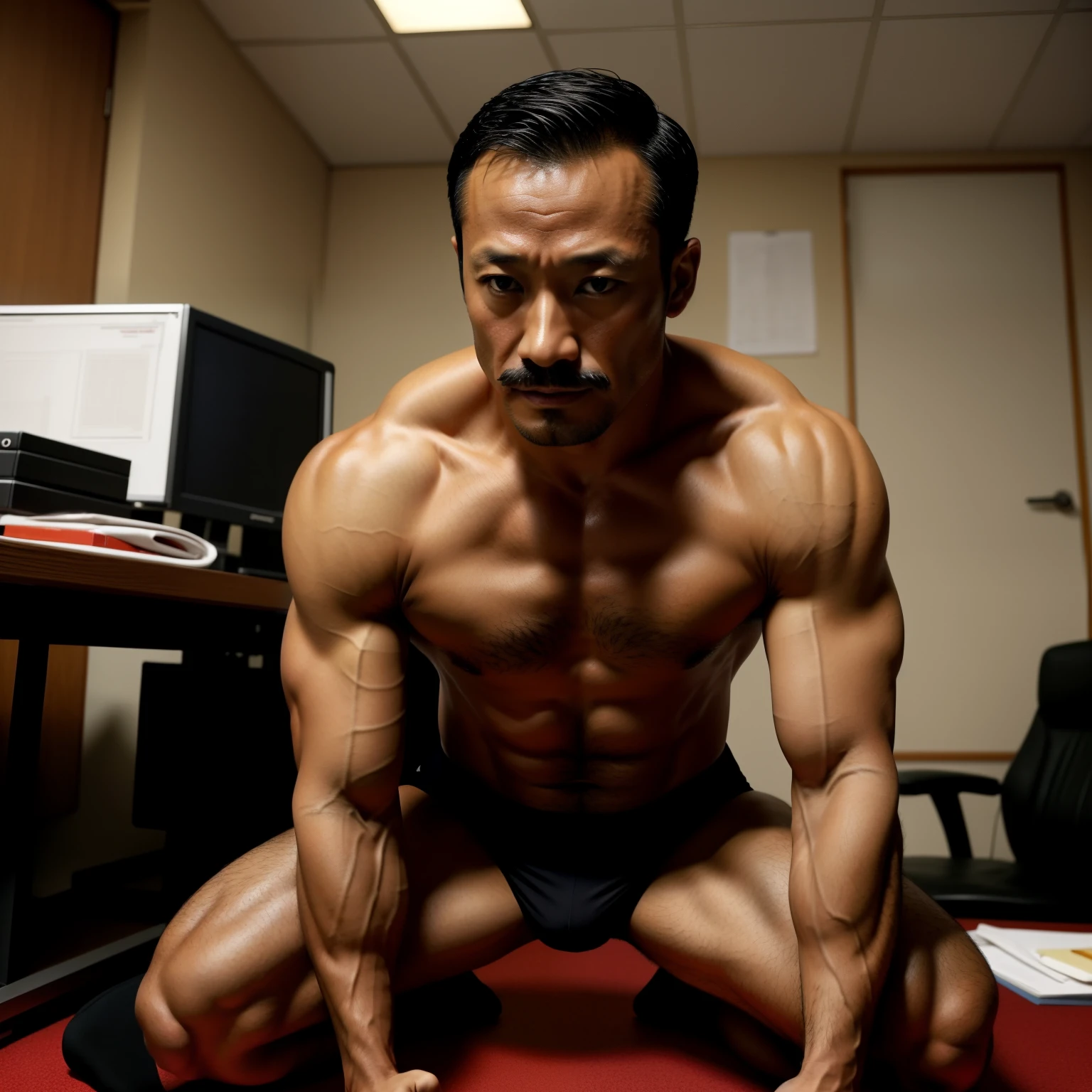 40 years old，Hidetoshi Nakata，（Kogoro Mori 1.3），A muscular man kneeling in the office，Topless，Densely hairy，Sexy red lingerie，Fortitude，HD，With a mustache，Black socks，whole body