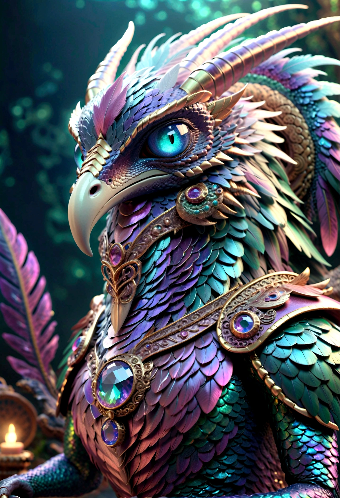 A feathered serpent-bodied monster with a bird-like head, highly detailed, photorealistic, 8K, HDR, cinematic lighting, dramatic lighting, intricate scales, iridescent feathers, fierce expression, sharp talons, coiled body, dramatic pose, dark fantasy, muted colors, moody atmosphere