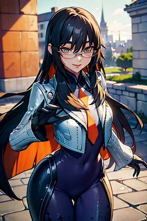 countess Daraku, long hair, glasses, gloves, pants, smile, cape
BREAK looking at viewer,
BREAK outdoors,
BREAK (masterpiece:1.2), best quality, high resolution, unity 8k wallpaper, (illustration:0.8), (beautiful detailed eyes:1.6), extremely detailed face, perfect lighting, extremely detailed CG, (perfect hands, perfect anatomy)