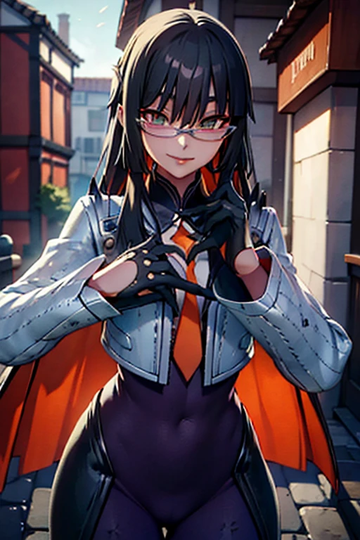 countess Daraku, long hair, glasses, gloves, pants, smile, cape
BREAK looking at viewer,
BREAK outdoors,
BREAK (masterpiece:1.2), best quality, high resolution, unity 8k wallpaper, (illustration:0.8), (beautiful detailed eyes:1.6), extremely detailed face, perfect lighting, extremely detailed CG, (perfect hands, perfect anatomy)