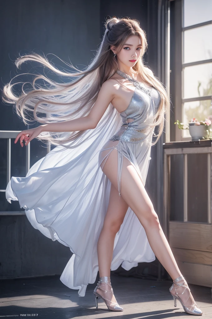 high qualityな仕事，Realistic artwork，Ultra Premium Graphics，8K HD CG Works，high quality graphics，High-definition and elaborate CG work，10x pixels，Ultra-fine detail：1.1，Advanced Technical Details：1.1Realistic photo effects，Indoor lighting effects：1.5，Natural soft light：1.5. Light effects（Virtual Light Effects：1.8），Ultra-high resolution，Shiny Dress，sliver Long Hair，Silver Hair，Transparent Hair，Hair with attention to detail（high qualityのヘアディテール：1.1）Clear Eyes，Double eyelids are beautiful，Sharp eye makeup, Creates exquisite eyelash makeup, Thin eyebrows, Very fine eye，High nose, Beautiful red lips, Rosy Cheeks, Delicate makeup applied , Pretty face, The face shape is perfectly balanced,（Advanced Face Detail：1.1）wonderful, 最high quality, Photorealistic and hVery detailed CG integrated 8k wallpaper, high quality, Very detailed, Narrative poem, Particle Effects, Dynamic Effects, Written boundary depth, Cinematic Light, Lens flare, Ray Tracing)), Fantasy, ((1. Beautiful Women, Clear blue eyes, Silver Long Hair, Beautiful Face, True Face, Beautiful fine details, Beautiful Skin, Graceful dancing woman:1.7, Graceful dancing woman:1.7)), Long HairがWindでなびく, Long Hairが跳ねる, Long HairがWindで踊る, Hair bounces, jewelry, tattoo, Hanfu, Chinese Fairy, Taoist Uniform, Silver earrings, ((night, Wind, darkness, heliport、Manhattan、neon、Gorgeous、gorgeous)), Hip Up, Beautiful Eyes, Long Hair, Ring-shaped eyes，Women artwork，Dress full body、video，reality，wonderful胸の谷間，Your eyes are shining brightly today、looking at the camera、smile、Silver-white charm on ankle、Silvery white high heels、Healthy Body、
