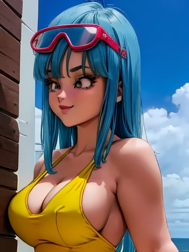 Maron_dbzgirl, high resolution, melhor qualidade, Obra de arte, 8K_definition, detalhes intrincados, UHD, linda garota sozinha, ((in a tight yellow swimsuit)), decote profundo peituda, (mamilos duros)), (cabelo liso azul claro, Listras), grandes olhos azuis, sorriso gentil, (thick lips), ((rosto corado)), big eyelashes, (((aperto de peito))), (sunglasses on hair), Dia ensolarado, sky background, nuvens, ((Amazing details on the face)), foto em close, ((seen from the angle below)), seios 2.5 imensos, bunda imensa