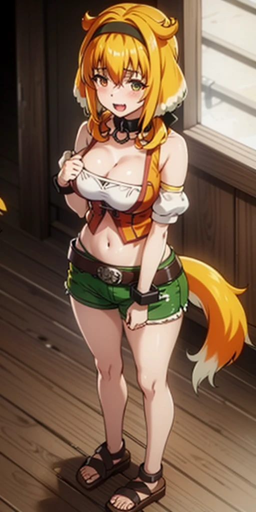 1girl, animal ears, bangs, bare shoulders, belt, black collar, black hairband, rwd blush, breasts, cleavage, leather collar, collarbone, dog ears, dog girl, dog tail, fang, fantasy, floppy ears, from above, full body, green shorts, hair between eyes, hairband, indoors, large breasts, looking at viewer, midriff, multicolored hair, navel, open mouth, orange fur, orange hair, sandals, shiny, shiny hair, shirt, short hair with long locks, shorts, smile, solo, standing, tail, shackles wristbands bracers bracelets sleeves stockings barefoot barehands together slave with stocks