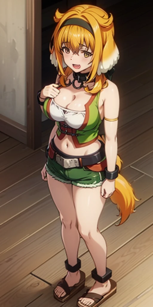 1girl, animal ears, bangs, bare shoulders, belt, black collar, black hairband, rwd blush, breasts, cleavage, leather collar, collarbone, dog ears, dog girl, dog tail, fang, fantasy, floppy ears, from above, full body, green shorts, hair between eyes, hairband, indoors, large breasts, looking at viewer, midriff, multicolored hair, navel, open mouth, orange fur, orange hair, sandals, shiny, shiny hair, shirt, short hair with long locks, shorts, smile, solo, standing, tail, shackles wristbands bracers bracelets sleeves stockings barefoot barehands together slave with stocks