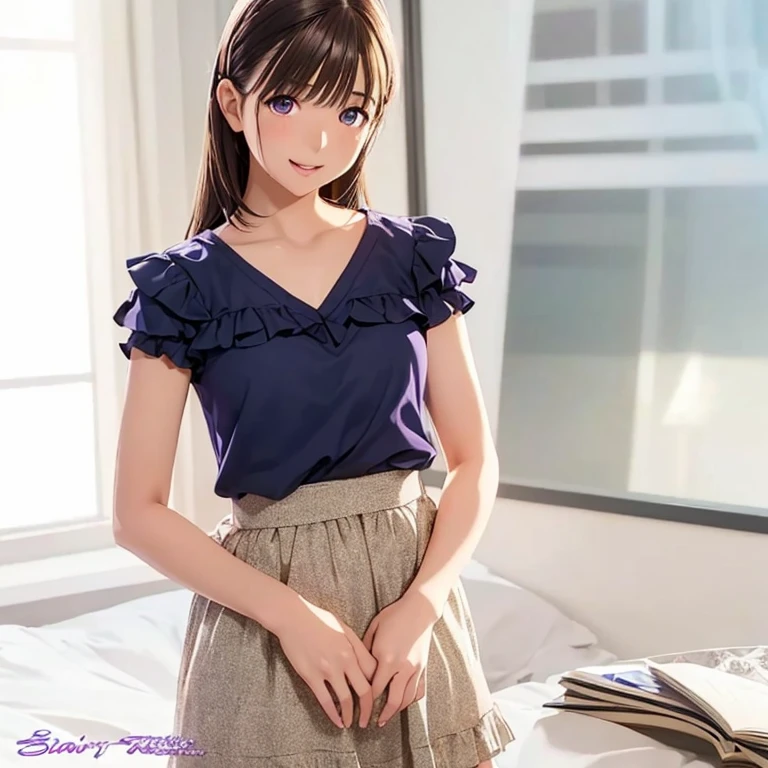 High resolution,In 8K,highest quality,detailed,Semi-realistic anime,Anime 3D Style,Smooth anime CG,One Girl,19-year-old woman in Japan,slim,Modeled,Shiny brown hair,Medium Hair,detailedな顔,Beautiful and detailed,Glowing Skin,(Navy blue short sleeve frill shirt),straggling hair,Angelic hairstyle,(Small breasts),((Deep violet sparkling eyes)),(((Open your mouth))),((Laughter)),(((Eyes on the viewer))),(((Eyes on the viewer)))