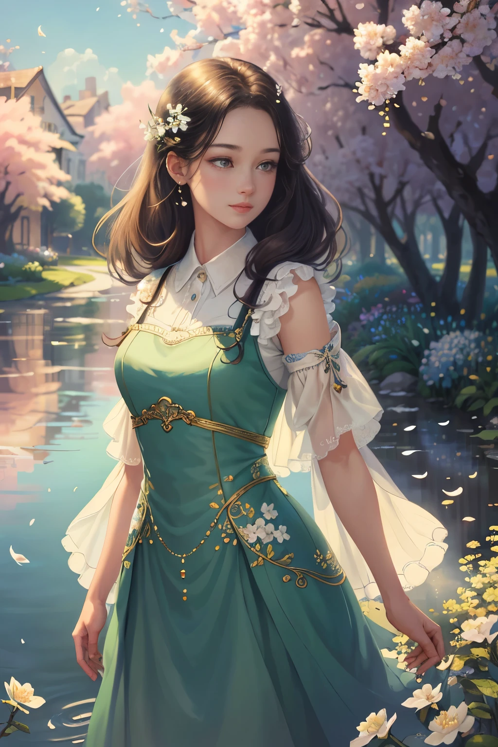 A girl standing in a beautiful garden, Jasmine flowers blooming around，Jasmine petals floating in the air. Picturesque scenery, A peaceful river flows beside the winding road. This girl has a pair of charming and delicate eyes, Long eyelashes add to her beauty. Her lips are beautiful too., Adds to her elegant appearance。。. Artwork is of the highest quality, 8K resolution, Provides extremely detailed and realistic descriptions. Bright colors, Add depth and life to your images. The overall style of the illustration is reminiscent of a masterpiece, Showcasing exquisite detail and craftsmanship. The lighting in the scene is soft and soft, Create a warm and pleasant atmosphere.