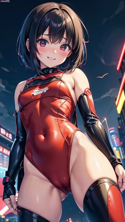 (8k),(masterpiece),(Japanese),(8--old l),((innocent look)),((Childish)),From the front,smile,cute,Innocent,Kind eyes,Flat chest,Hairless vagina, Cameltoe,Red Robin Costume,short,Hair blowing in the wind,Black Hair,Strong wind,night,dark, Neon light cyberpunk city