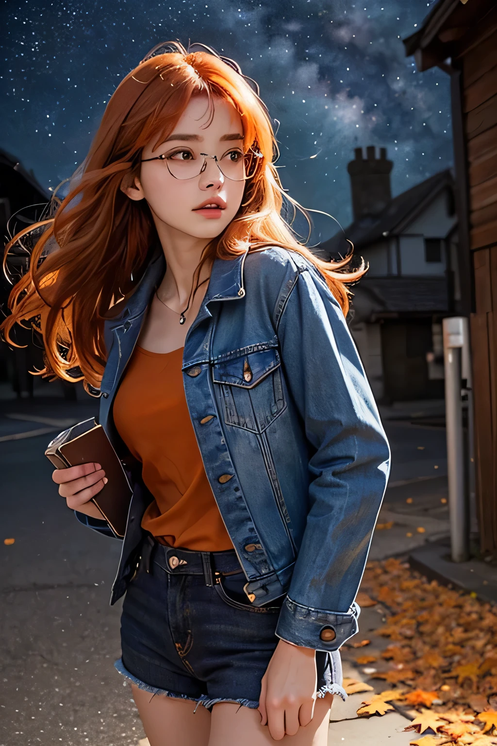 lifelike, High resolution, soft light,1 woman, (Detailed face), denim jacket，Hold a book in hand，wear glasses，sharp vision, noble and inviolable temperament, (([woman]: 1.2 + [beauty]: 1.2 + long orange hair: 1.2)), Bright Eyes, Purple tone pattern，Purple light and shadow，（standing on the street），Clear beauty, woman, 20 years old，((Autumnal) )，beautiful delicate eyes, Good 8KCG wallpaper, official art， Super detailed， masterpiece， best quality， Detailed face，expression of stoicism，dynamic poseeteor，starry sky，Milky Way，（original photo，best quality），（realistically，Real shot：1.3），best quality，Very detailed，masterpiece，Super detailed，（whole body），dynamic angle，World Masterpiece Theater，messy_long_hair，best quality，Astonishing，movie lighting，lens_flare，
