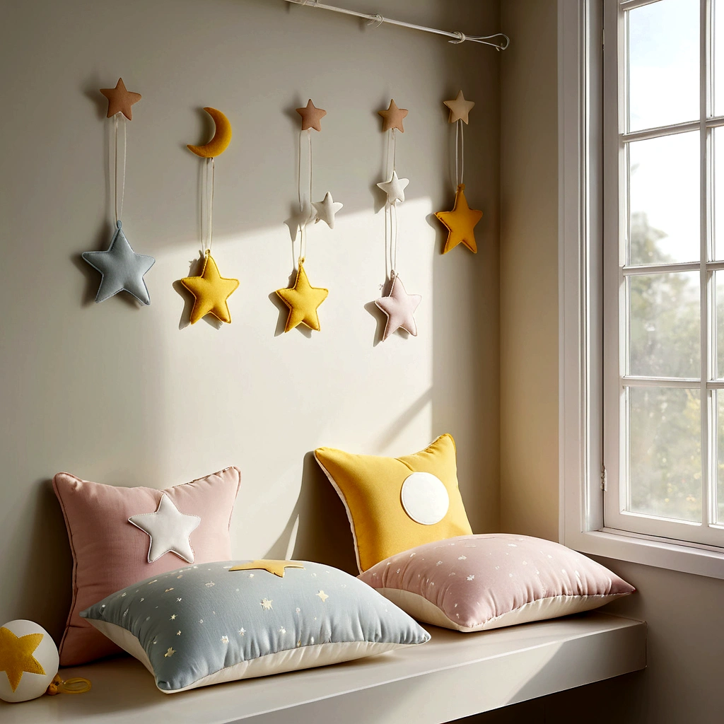 The hanger is placed on a soft cushion next to the window sill in the children's room,Soft colors,Children's star and moon ornaments hanging on the wall,Tyndall light through the window,Warm and lovely children's room,A few rays of sunshine on the windowsill,Side-to-side top-down view