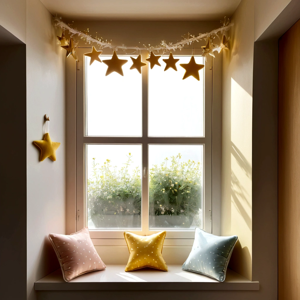 The hanger is placed on a soft cushion next to the window sill in the children&#39;s room，Soft colors，Children&#39;s star and moon ornaments hanging on the wall，Tyndall light through the window，Warm and lovely children&#39;s room，A few rays of sunshine on the windowsill，Side-to-side top-down view