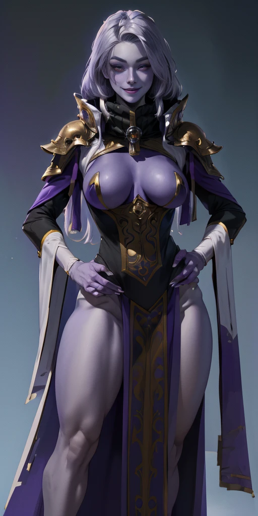 (Female hands on hips pose)(chest covered)(smile) purple skin, pale golden hair and violet eyes. She prefer clothing of white and silver with cloaks of deep blue or purple ((very precise detailed)) ((high res) plain background