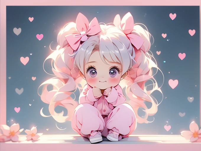 (pastel:1.2)、(Chibi Girl:1.2)、Esbian all over、Long twin tails、Bow and Bow、Heart Eyes、border pajamas、Funny pose、humming、Laughter、Fingertip pose、Vertical striped background、Baby pink gradation