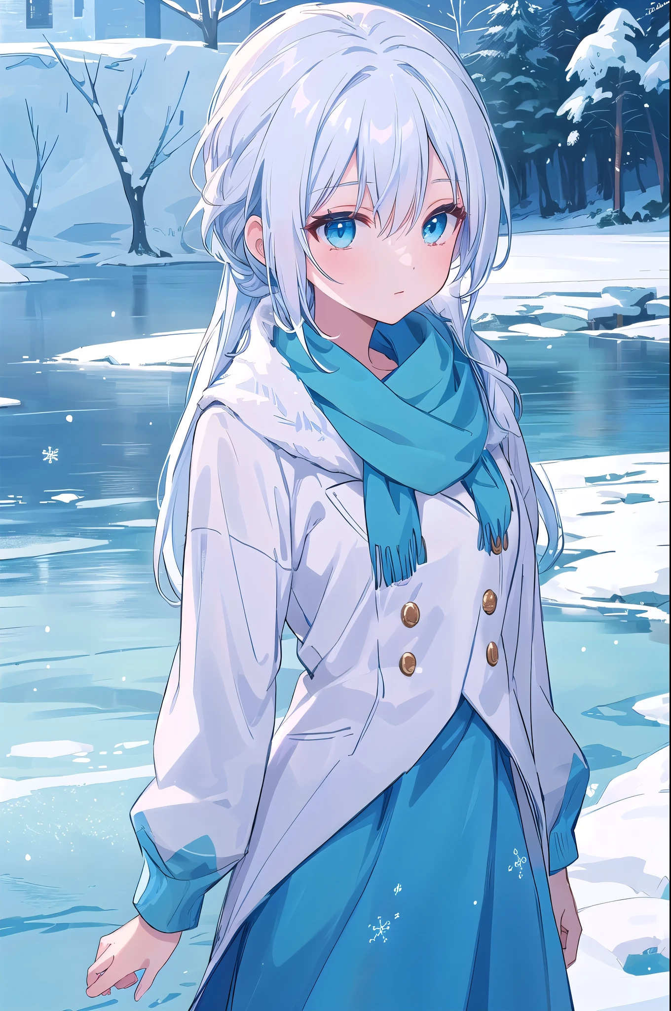 anime girl in blue dress standing in front of a frozen castle, anime visual of a cute girl, official art, freezing blue skin, winter concept art, wallpaper anime blue water, cold snowy, perfect white haired girl, in an icy river, tsuaii, icy eyes, ice blue eyes, anime moe artstyle, cold as ice! 🧊, official character art, velzard, frozen castle, dead red haired demon in back ground