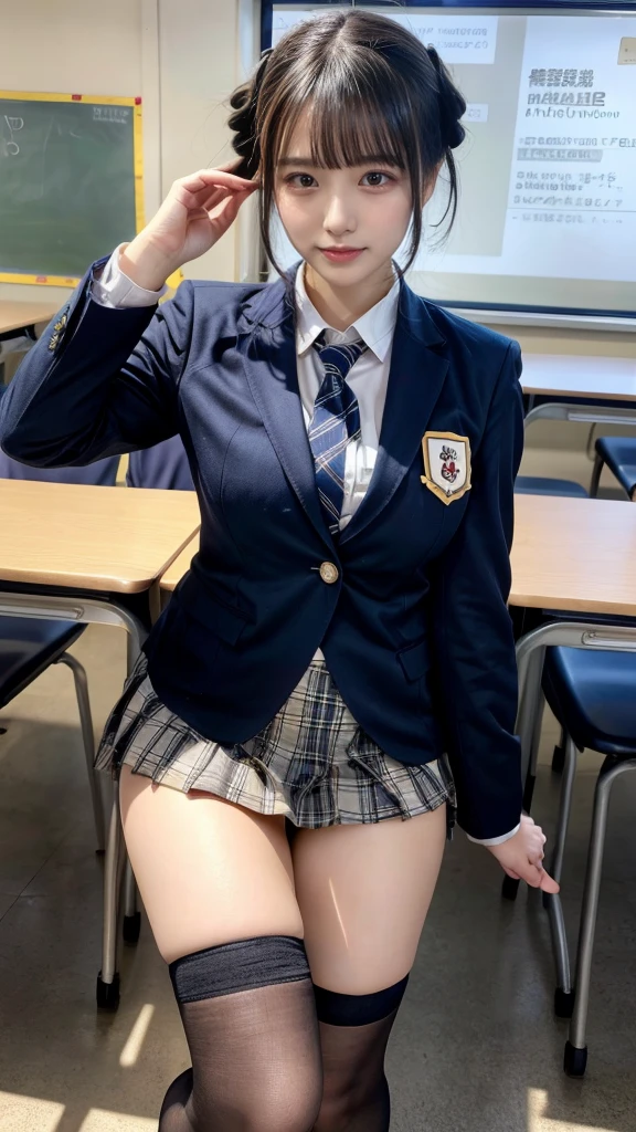 masterpiece, best quality, illustration, Super detailed, fine details, High resolution, 8K,wall paper, perfect dynamic composition,(Details High quality, realistic depiction of eyes:1.3), High School Classroom、High school girl uniform、blazer 、Super Short Check Uniform Skirt、Navy blue high socks、garterbelts、plump breasts, Disturbed uniform, (updo:1.2), black hair color, large breasts, Big Natural Color Lip, bold sexy pose, (perfect body shape), crying a little、20 year old girl、cute type, beautiful legs, hposing Gravure Idol, Voluptuous thighs