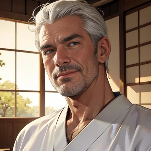 (highest quality:1.5), (masterpiece:1.5), (luxurious Japanese room:1.2), White wall, (Japanese:1.2), alone, Hot guys, [White combed back hair:0.9], Short white beard, (eye:1.2), 65 years old, White short-sleeved T-shirt, (Shoot from the front:1.2), eyeを閉じて, smile, Close-up face