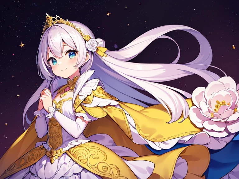 looking at viewer,(kawaii),(best quality),(ultra detailed), upper body,(rococo style),(long train pastel yellow cape:1.15), very long cape,(long train white ball gown with flower decorations:1.1), a girl is wearing a cape over her gown, 1 little princess, tiara, smile, very long hair, small breasts