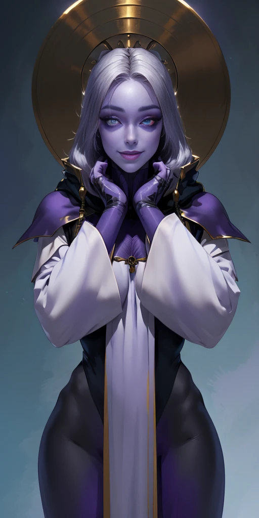 (Female hands on hips)(chest covered)(smile) purple skin, pale golden hair and violet eyes. They prefer clothing of white and silver with cloaks of deep blue or purple ((very precise detailed)) ((high res) plain background