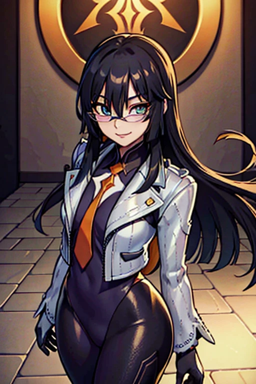 countess Daraku, long hair, glasses, gloves, pants, smile, trench coats 
BREAK looking at viewer,
BREAK outdoors,
BREAK (masterpiece:1.2), best quality, high resolution, unity 8k wallpaper, (illustration:0.8), (beautiful detailed eyes:1.6), extremely detailed face, perfect lighting, extremely detailed CG, (perfect hands, perfect anatomy)