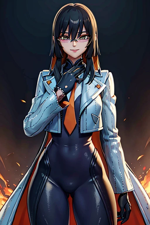 countess Daraku, long hair, glasses, gloves, pants, smile, trench coats 
BREAK looking at viewer,
BREAK outdoors,
BREAK (masterpiece:1.2), best quality, high resolution, unity 8k wallpaper, (illustration:0.8), (beautiful detailed eyes:1.6), extremely detailed face, perfect lighting, extremely detailed CG, (perfect hands, perfect anatomy)