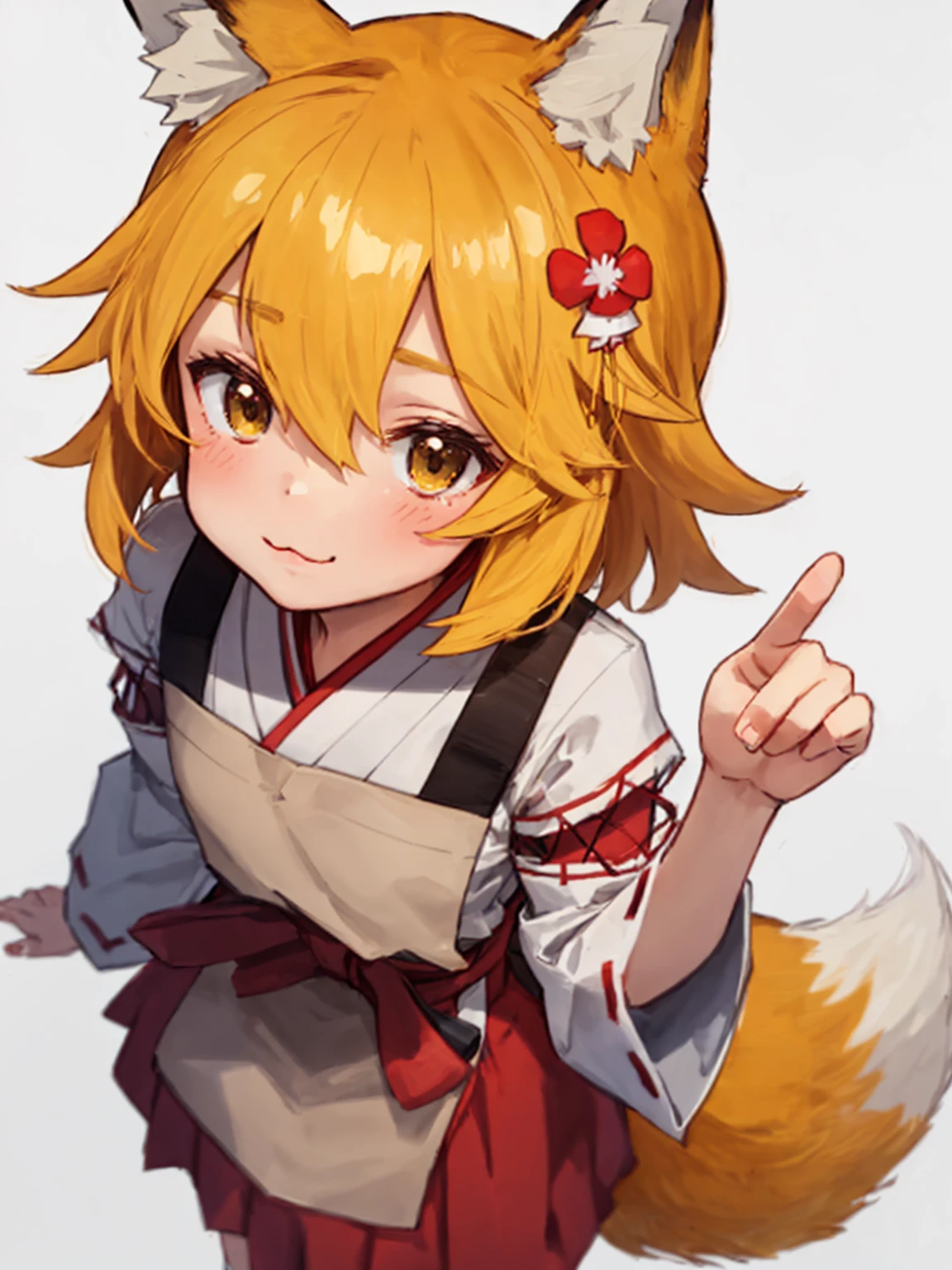 flat chest, score_8_up, score_7_up, score_6_up, best quality, masterpiece, uncensored, source_anime, (by 40hara:0.8)
BREAK
sen, blonde hair, animal ears, fox ears, blush, animal ear fluff, hair ornament, fox girl, hair flower, hair between eyes, short hair, fox tail, (tail:1.5), flat chest, yellow eyes, young girl
BREAK
miko, apron japanese clothes, miko, apron japanese clothes, ribbon mesh sleeves, white background, simple background, :3, from above