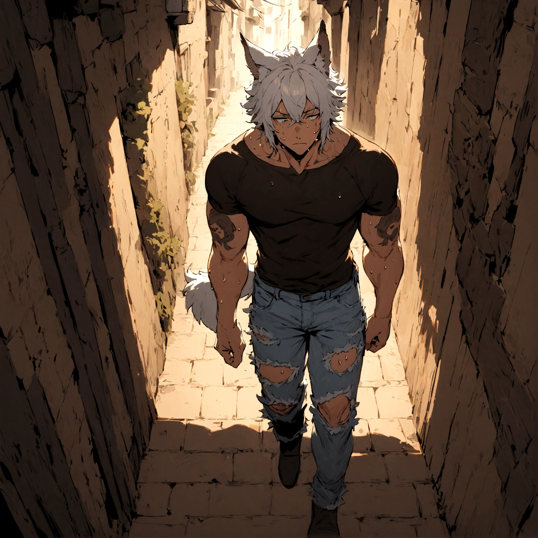 a grizzled male, wearing tattered denim jeans, has long white hair, has wolf ears, has a wolf tail, covered in sweat, has some wolf tattoos, walking down alleyway, cute looking, perfect, handsome, masterpiece,