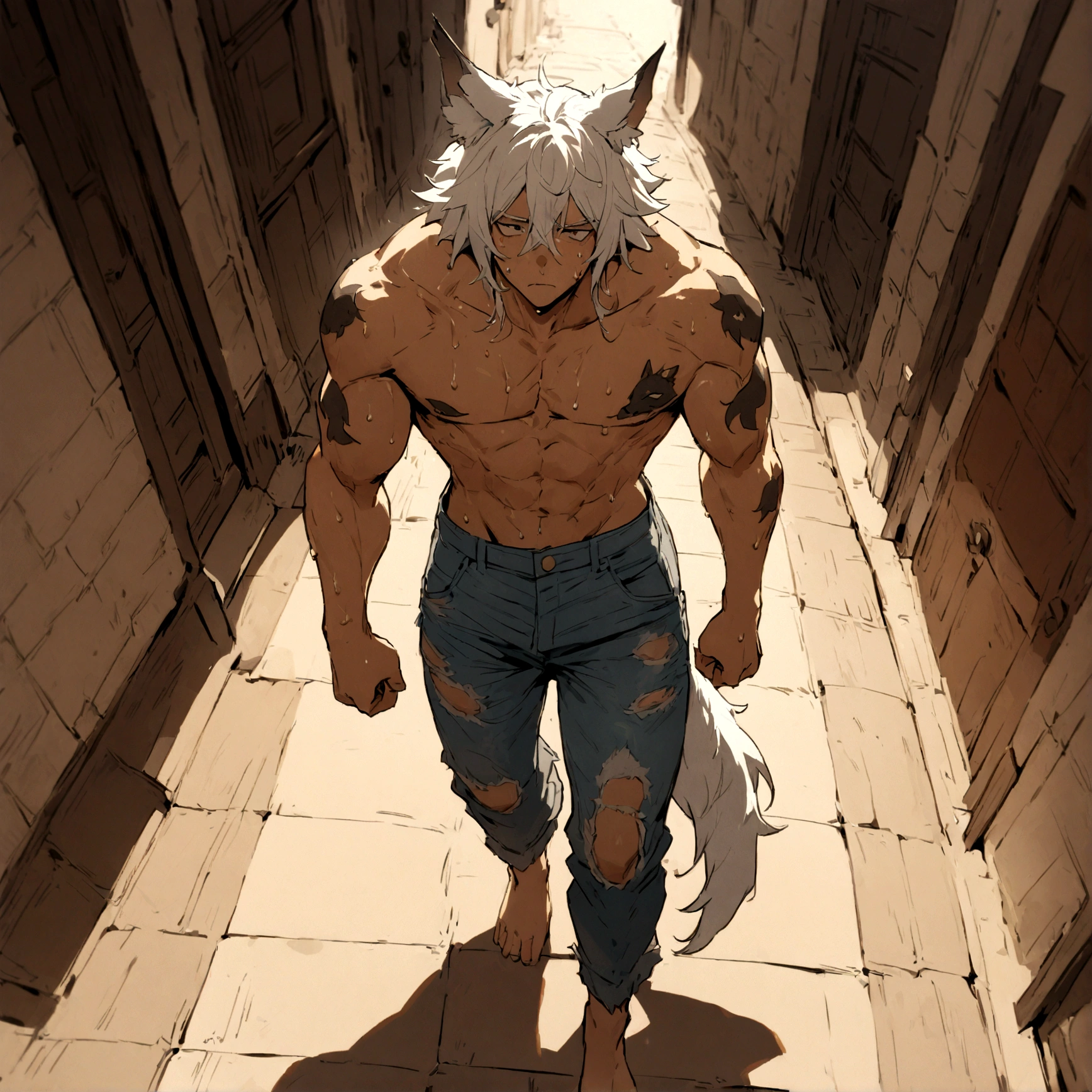 a grizzled male, wearing tattered denim jeans, has long white hair, has wolf ears, has a wolf tail, covered in sweat, has some wolf tattoos, walking down alleyway, cute looking, perfect, handsome, masterpiece,