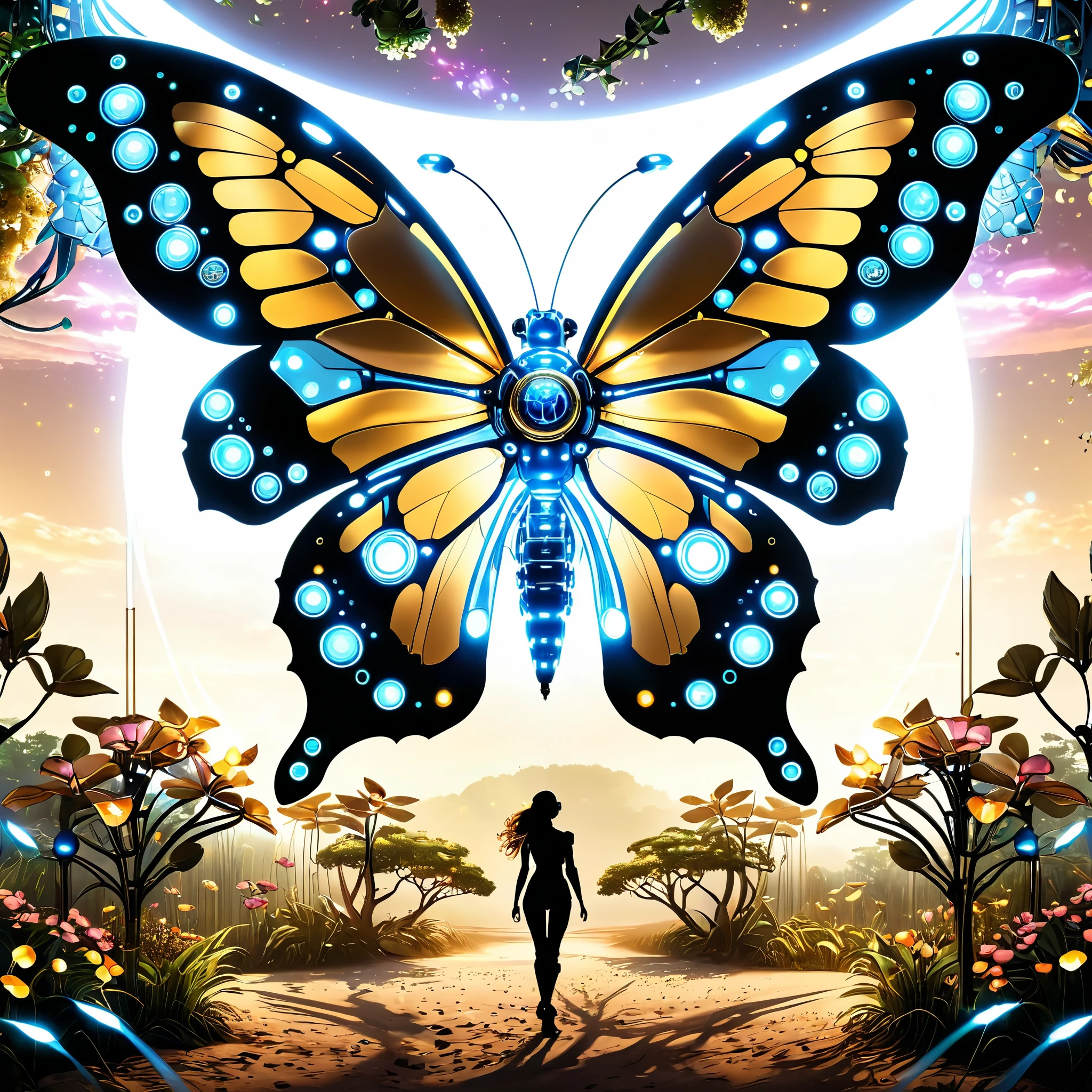Embark on a visual odyssey through "Pixel Eden," where artificial intelligence dances with organic marvels. In this vibrant landscape, robotic butterflies flutter gracefully, their metallic wings shimmering with ethereal light as they pollinate pixelated flowers bursting with color. Quirky talking trees stand sentinel, their branches adorned with glowing orbs of digital wisdom. Rendered in a blend of cybernetic artistry and organic charm, "Pixel Eden" invites viewers to immerse themselves in a whimsical fusion of technology and nature, where imagination knows no bounds.