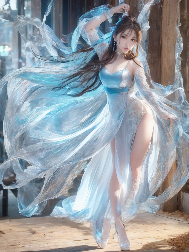 high qualityな仕事,Realistic artwork,Ultra Premium Graphics,8K HD CG Works,high quality graphics,High-definition and elaborate CG work,10x pixels,Ultra-fine detail:1.1,Advanced Technical Details:1.1Realistic photo effects,Indoor lighting effects:1.5,Natural soft light:1.5. Light effects(Virtual Light Effects:1.8),Ultra-high resolution,Shiny Dress,sliver Long Hair,Silver Hair,Transparent Hair,Hair with attention to detail(high qualityのヘアディテール:1.1)Clear Eyes,Double eyelids are beautiful,Sharp eye makeup, Creates exquisite eyelash makeup, Thin eyebrows, Very fine eye,High nose, Beautiful red lips, Rosy Cheeks, Delicate makeup applied , Pretty face, The face shape is perfectly balanced,(Advanced Face Detail:1.1)wonderful, 最high quality, Photorealistic and hVery detailed CG integrated 8k wallpaper, high quality, Very detailed, Narrative poem, Particle Effects, Dynamic Effects, Written boundary depth, Cinematic Light, Lens flare, Ray Tracing)), Fantasy, ((1. Beautiful Women, Clear blue eyes, Silver Long Hair, Beautiful Face, True Face, Beautiful fine details, Beautiful Skin, Graceful dancing woman:1.7, Graceful dancing woman:1.7)), Long HairがWindでなびく, Long Hairが跳ねる, Long HairがWindで踊る, Hair bounces, jewelry, tattoo, Hanfu, Chinese Fairy, Taoist Uniform, Silver earrings, ((night, Wind, darkness, heliport、Manhattan、neon、Gorgeous、gorgeous)), Hip Up, Beautiful Eyes, Long Hair, Ring-shaped eyes,Women artwork,Dress full body、video,reality,wonderful胸の谷間,Your eyes are shining brightly today、looking at the camera、smile、Silver-white charm on ankle、Silvery white high heels、Healthy Body、
