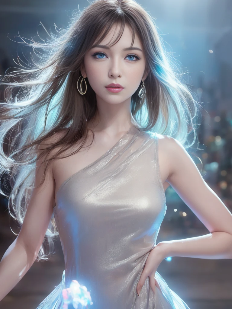 high qualityな仕事，Realistic artwork，Ultra Premium Graphics，8K HD CG Works，high quality graphics，High-definition and elaborate CG work，10x pixels，Ultra-fine detail：1.1，Advanced Technical Details：1.1Realistic photo effects，Indoor lighting effects：1.5，Natural soft light：1.5. Light effects（Virtual Light Effects：1.8），Ultra-high resolution，Shiny Dress，sliver Long Hair，Silver Hair，Transparent Hair，Hair with attention to detail（high qualityのヘアディテール：1.1）Clear Eyes，Double eyelids are beautiful，Sharp eye makeup, Creates exquisite eyelash makeup, Thin eyebrows, Very fine eye，High nose, Beautiful red lips, Rosy Cheeks, Delicate makeup applied , Pretty face, The face shape is perfectly balanced,（Advanced Face Detail：1.1）wonderful, 最high quality, Photorealistic and hVery detailed CG integrated 8k wallpaper, high quality, Very detailed, Narrative poem, Particle Effects, Dynamic Effects, Written boundary depth, Cinematic Light, Lens flare, Ray Tracing)), Fantasy, ((1. Beautiful Women, Clear blue eyes, Silver Long Hair, Beautiful Face, True Face, Beautiful fine details, Beautiful Skin, Graceful dancing woman:1.7, Graceful dancing woman:1.7)), Long HairがWindでなびく, Long Hairが跳ねる, Long HairがWindで踊る, Hair bounces, jewelry, tattoo, Hanfu, Chinese Fairy, Taoist Uniform, Silver earrings, ((night, Wind, darkness, heliport、Manhattan、neon、Gorgeous、gorgeous)), Hip Up, Beautiful Eyes, Long Hair, Ring-shaped eyes，Women artwork，Dress full body、video，reality，wonderful胸の谷間，Your eyes are shining brightly today、looking at the camera、smile、Silver-white charm on ankle、Silvery white high heels、Healthy Body、