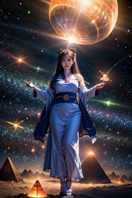 (RAW photo, highest quality), (realistic, Photoreal:1.3), 1 girl、realisticbody、old shrine maiden costume、Pyramid-shaped UFO flying from space、laser light、looking up