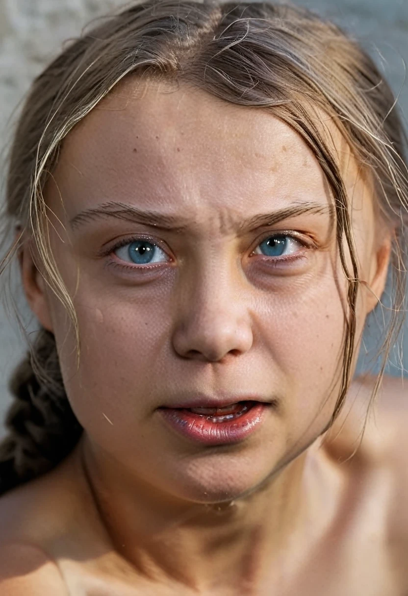 (1girl, beautiful detailed eyes, beautiful detailed lips, extremely detailed eyes and face,, mature woman, Greta Thunberg, 30 years old, naked, pubic hair, on all fours;, prison cell, cinematic, disgrace, shame, photorealistic, 8k, detailed, masterpiece, ultra-detailed, realistic, vivid colors, dramatic lighting) full body shot