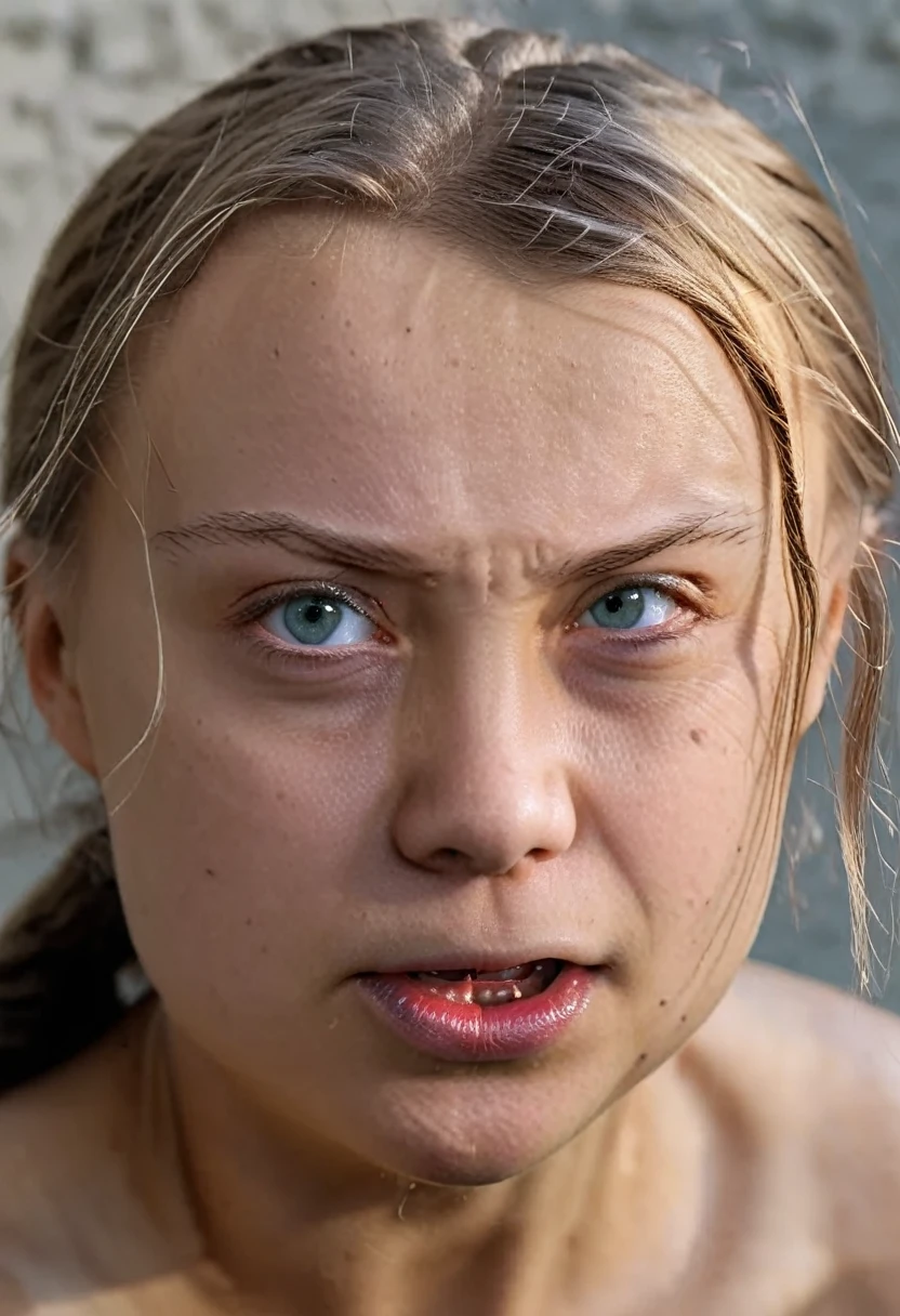 (1girl, beautiful detailed eyes, beautiful detailed lips, extremely detailed eyes and face,, mature woman, Greta Thunberg, 30 years old, naked, pubic hair, on all fours;, prison cell, cinematic, disgrace, shame, photorealistic, 8k, detailed, masterpiece, ultra-detailed, realistic, vivid colors, dramatic lighting)