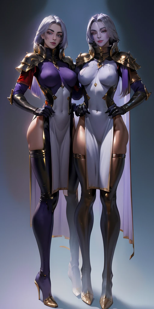 (Female hands on hips)(chest covered)(smile) purple skin, pale golden hair and violet eyes. They prefer clothing of white and silver with cloaks of deep blue or purple ((very precise detailed)) ((high res) plain background, red gloves gauntlets full body standing straight symmetrical looking to viewer