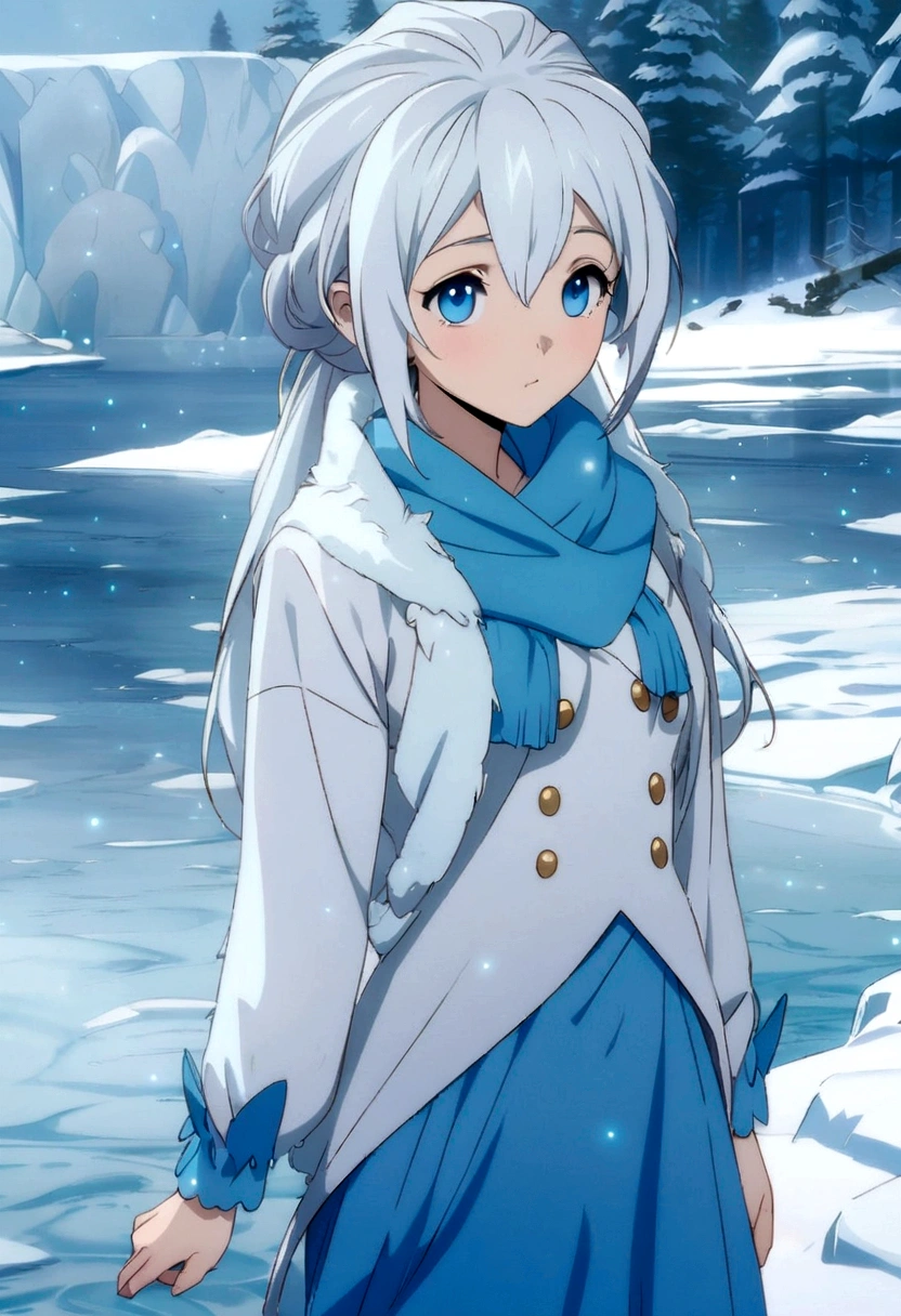 anime girl in blue dress standing in front of a frozen castle, anime visual of a cute girl, official art, freezing blue skin, winter concept art, wallpaper anime blue water, cold snowy, perfect white haired girl, in an icy river, tsuaii, icy eyes, ice blue eyes, anime moe artstyle, cold as ice! 🧊, official character art, velzard